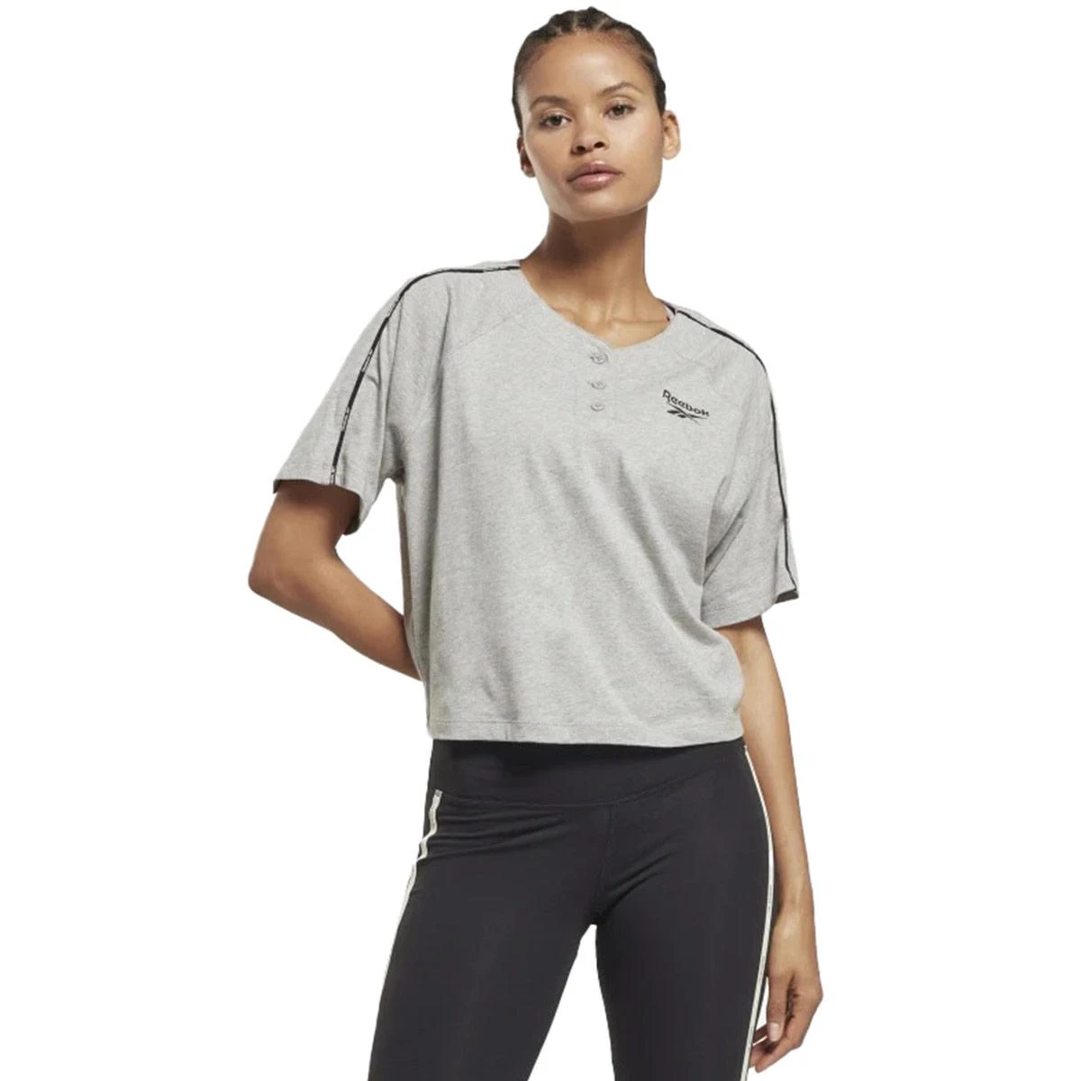 Reebok Piping Damen T-Shirt Grau/schwarz 1 Reebok Piping Damen T-Shirt Grau/schwarz