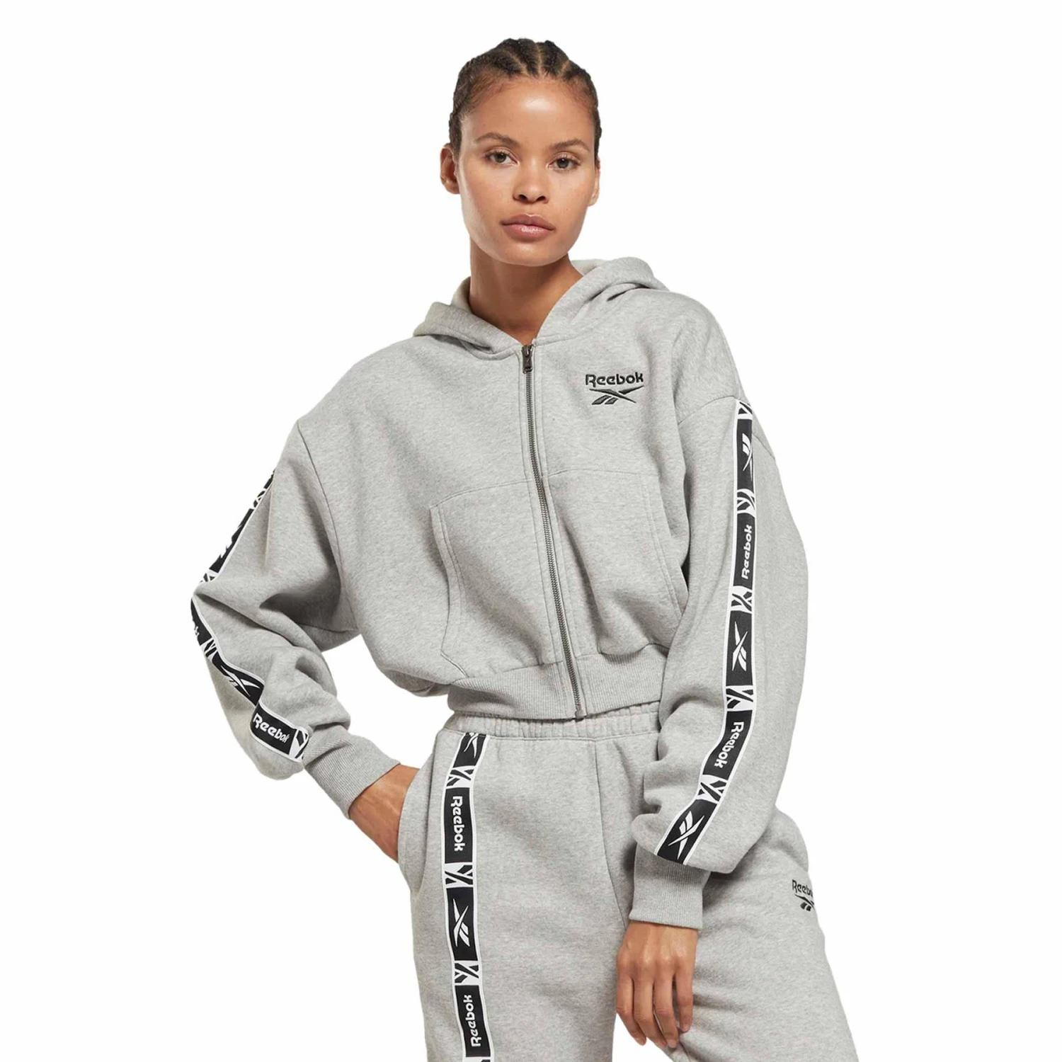 Reebok Tape Zip Up Full Zip Damen Kapuzenjacke Grau 1 Reebok Tape Zip Up Full Zip Damen Kapuzenjacke Grau